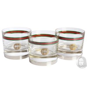 Gucci Cocktail Glasses with Silver Base GG Logo Webbing 3pc Set Barware Vintage